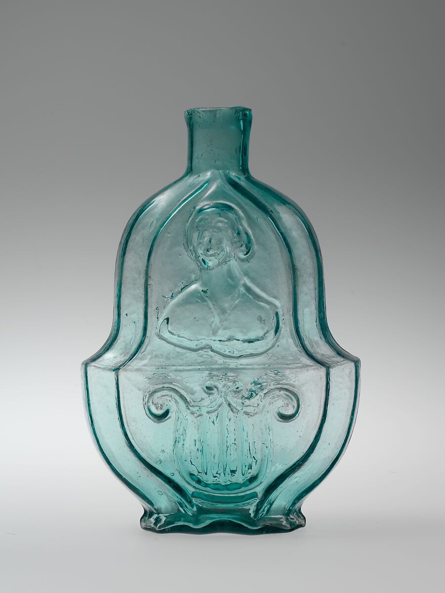 Figured flask, Attributed to McCarty and Torreyson (ca. 1842–?), Blown-molded glass, American