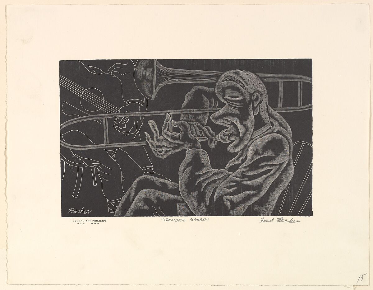 Trombone Player, Fred Becker (American, Oakland, California 1913–2004 Amherst, Massachusetts), Wood engraving 