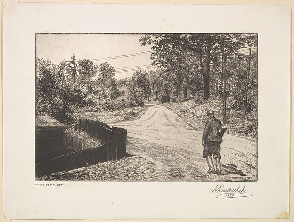 End of the Shift, Nicholas Bervinchak (American, Black Heath, Pennsylvania 1903–1978 Pottsville, Pennsylvania), Etching 