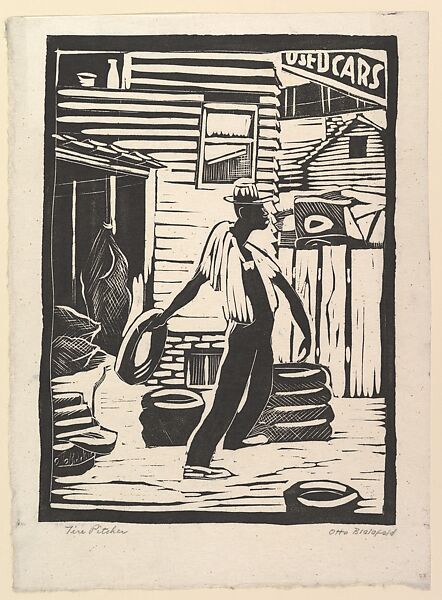 Tire Pitcher, Otto F. Bielefeld (American, Milwaukee, Wisconsin 1908–1982 Whitefish Bay, Wisconsin), Linocut 