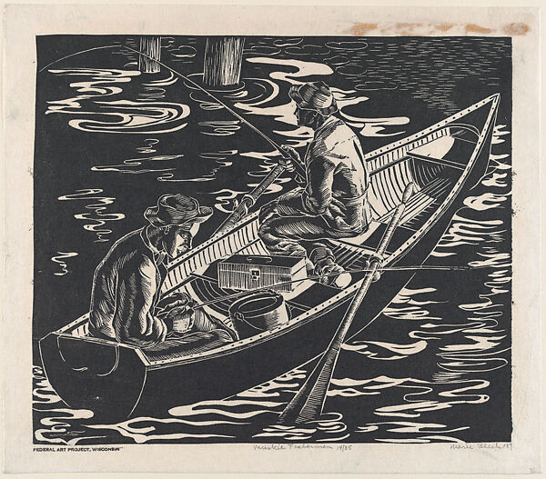 Muskie Fishermen, Marie Bleck (American, 1911–1949), Woodcut 