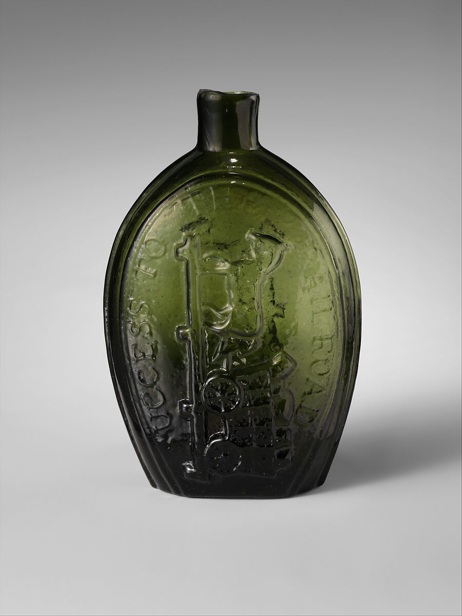 Flask, Mount Vernon Glass Works (1810–44), Free-blown molded green glass, American