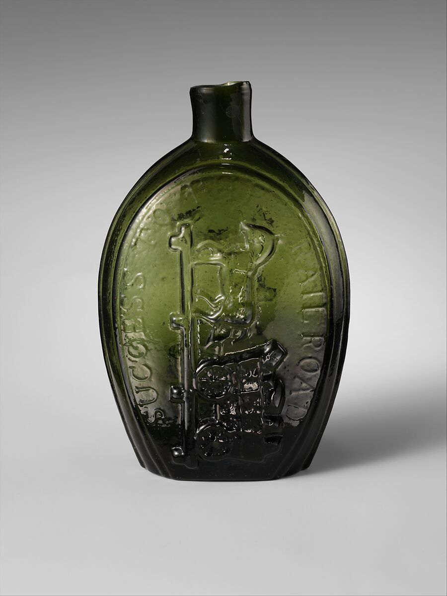 Flask, Mount Vernon Glass Works (1810–44), Free-blown molded green glass, American 