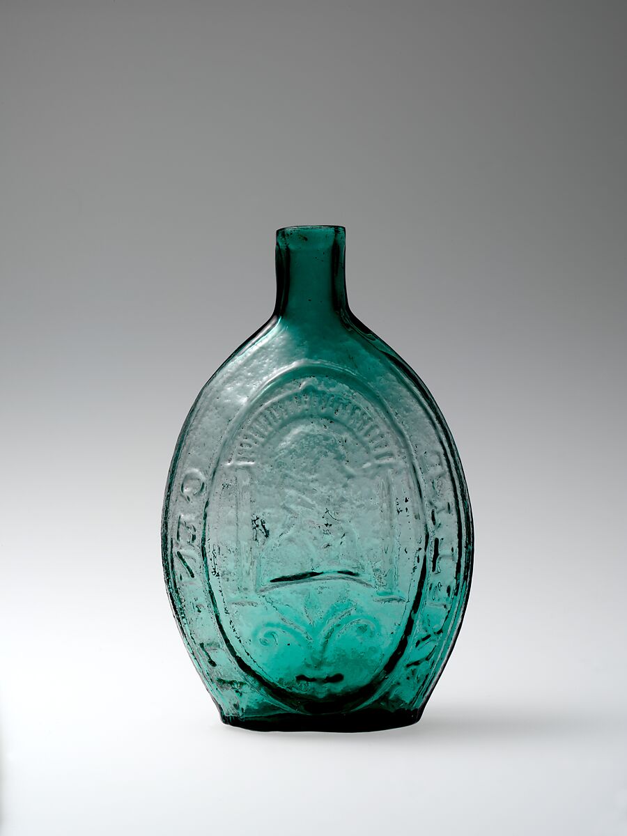 Figured flask, Probably Knox and McKee (Virginia Green Glass Works) (1820–ca. 1833), Blown-molded glass, American 