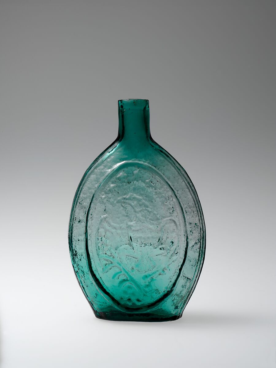Figured flask, Probably Knox and McKee (Virginia Green Glass Works) (1820–ca. 1833), Blown-molded glass, American