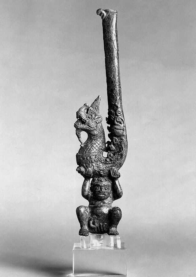 Yaksha Supporting a Naga, Bronze with traces of gilt, Thailand 
