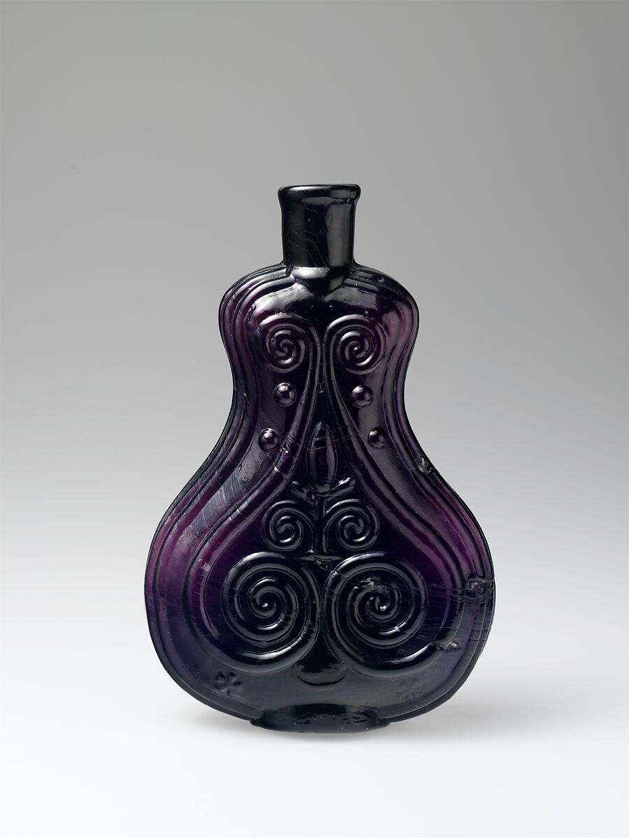 Figured flask, J. R. Robinson and Sons (1823–45), Free-blown molded glass, American
