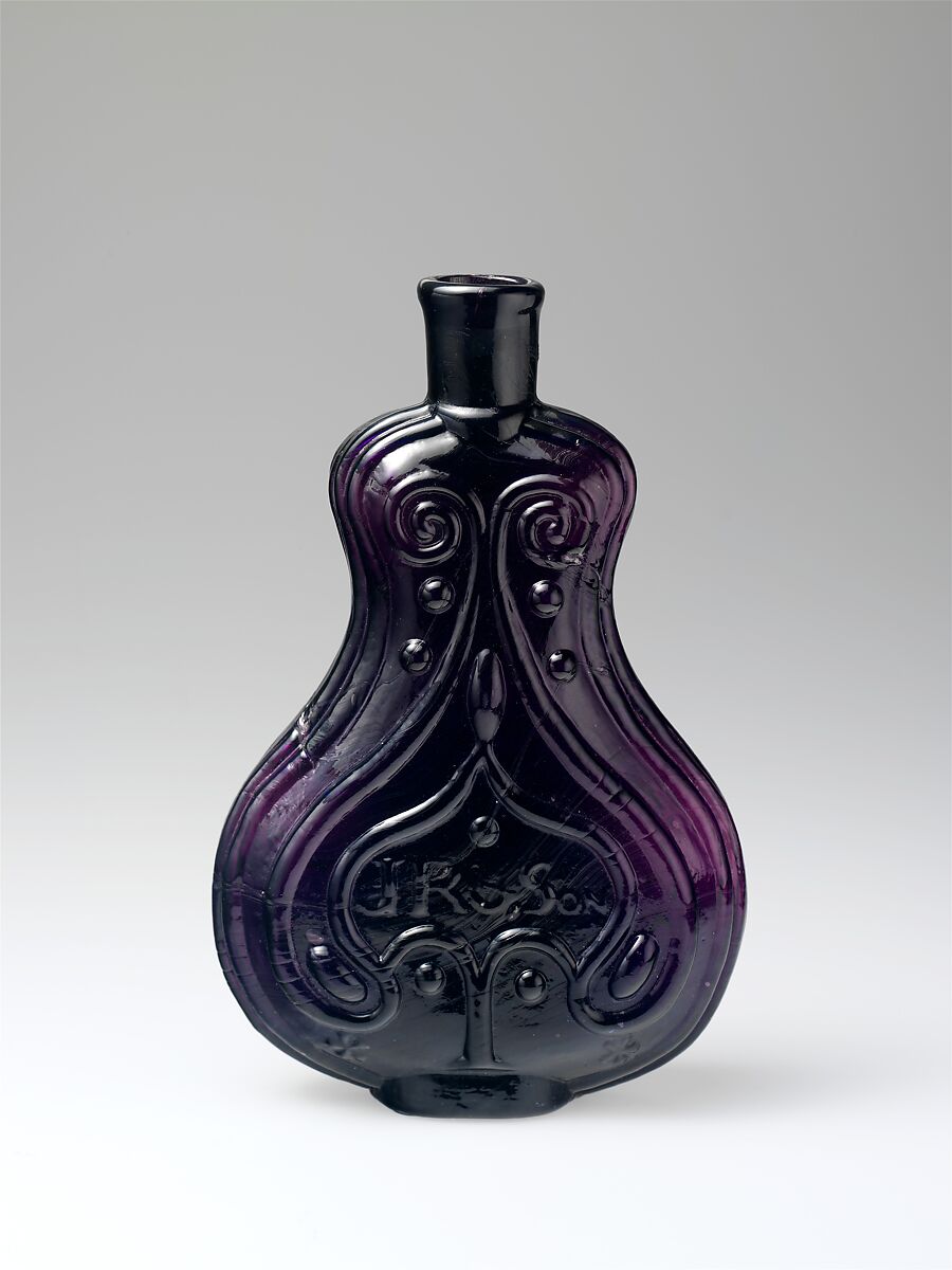Figured flask, J. R. Robinson and Sons (1823–45), Free-blown molded glass, American 