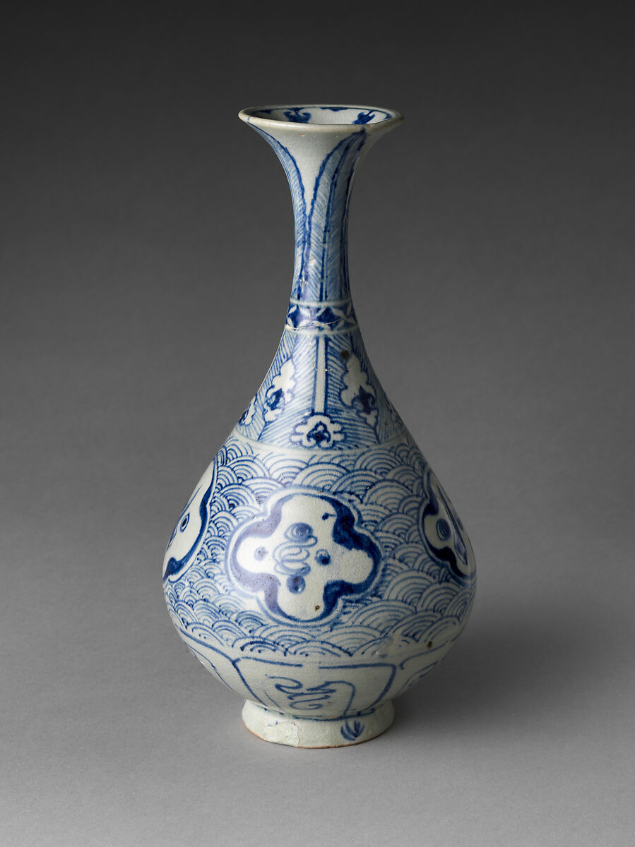 Bottle with Waves and Auspicious Emblems, Stoneware painted with cobalt blue under transparent glaze, Vietnam
