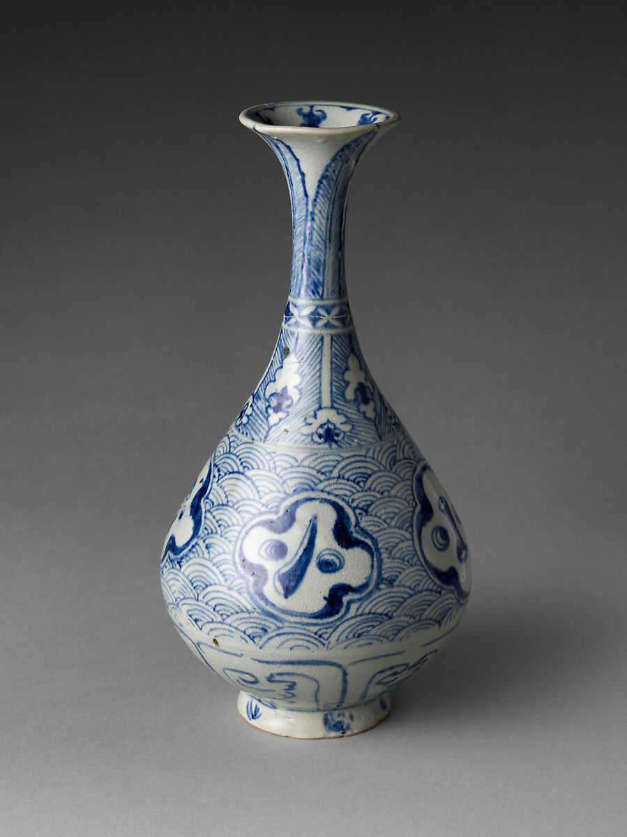 Bottle with Waves and Auspicious Emblems, Stoneware painted with cobalt blue under transparent glaze, Vietnam