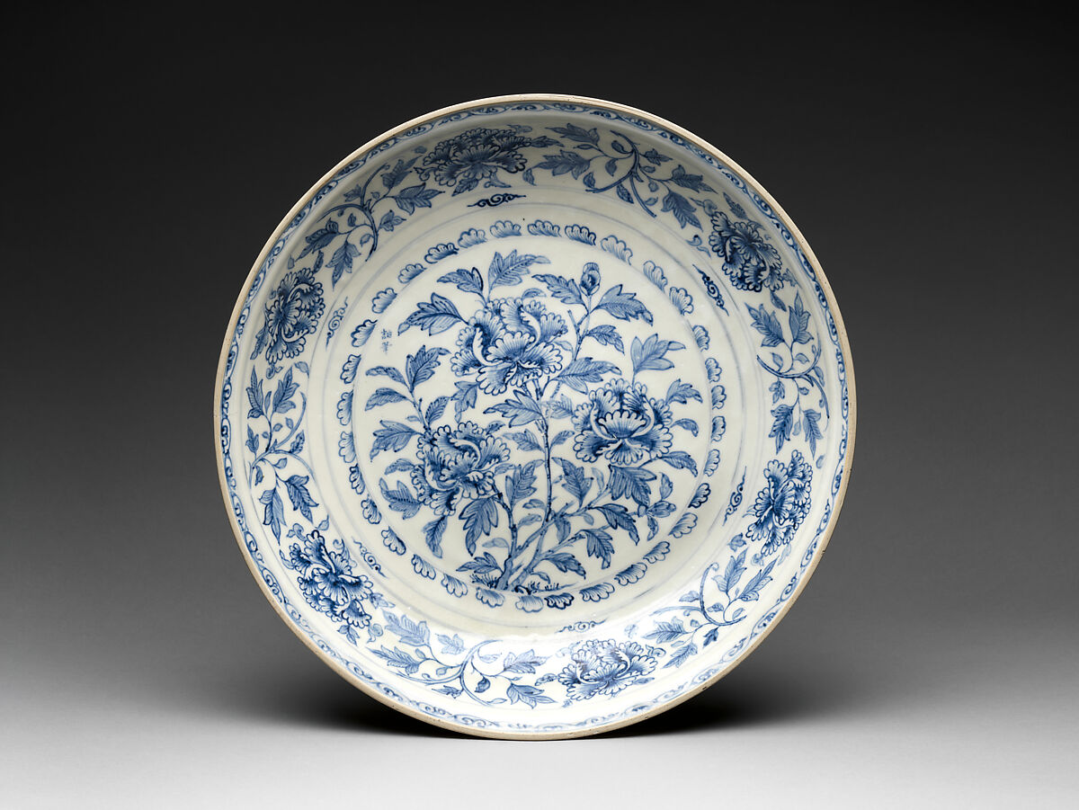 Plate with Peonies, Stoneware painted with cobalt blue under transparent glaze, Vietnam 