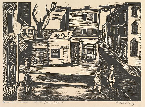 Street Scene, Ruth Chaney (American, Kansas City, Missouri 1908–1973), Linocut 