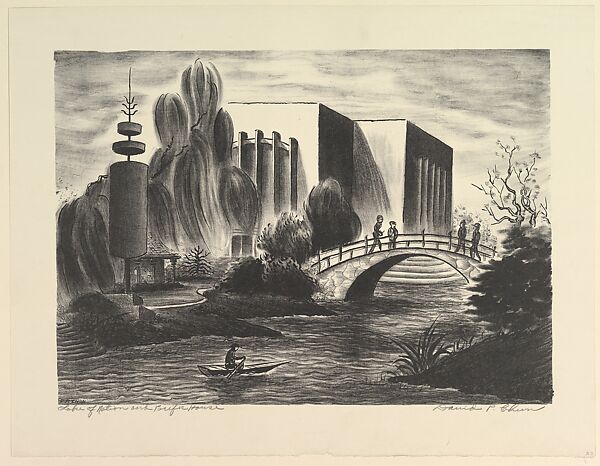 Lake of Nation and Pacific House, David Paul Chun (American, Honolulu, Hawaii 1898–1989 San Francisco, California), Lithograph 