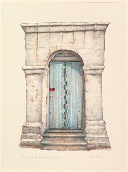 Door of mission San Juan, June Dale (American, 20th century), Color Lithograph 