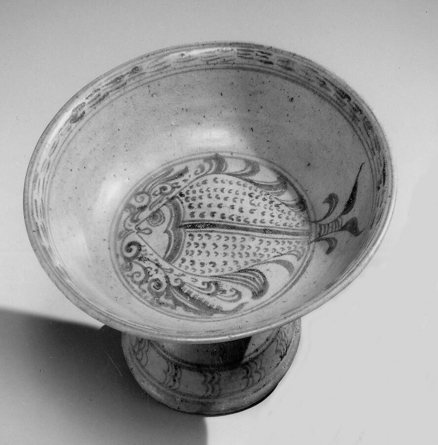 Stem Dish with Fish Design, Earthenware with cream white glaze and iron-brown underglaze decoration, Thailand (Si Satchanalai) 