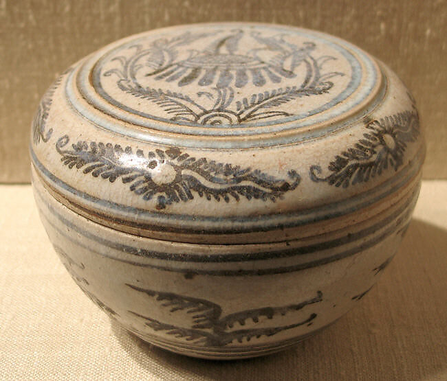 Covered Box, Earthenware with cream white glaze and iron-brown underglaze decoration, Thailand (Si Satchanalai) 