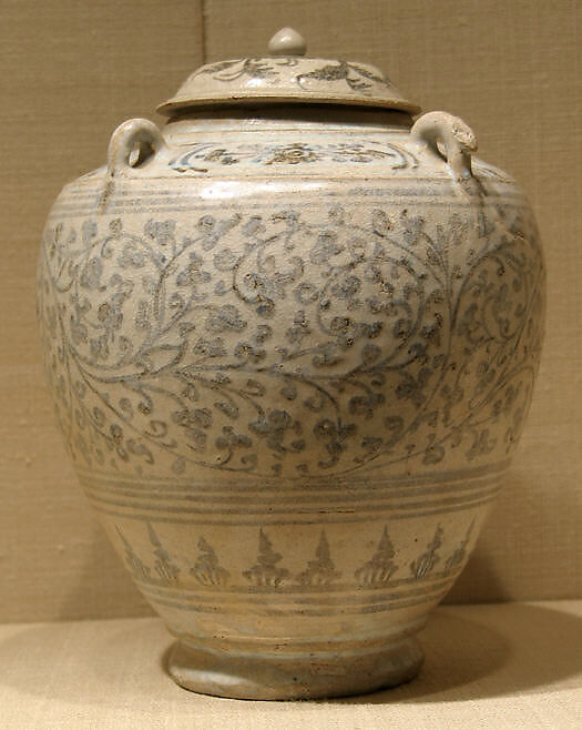 Covered Jar with Four Lugs, Earthenware with cream white glaze and iron-brown underglaze decoration, Thailand (Si Satchanalai) 