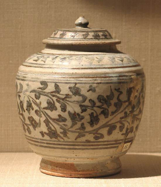 Covered Jar, Earthenware with cream white glaze and iron-brown underglaze decoration, Thailand (Si Satchanalai) 