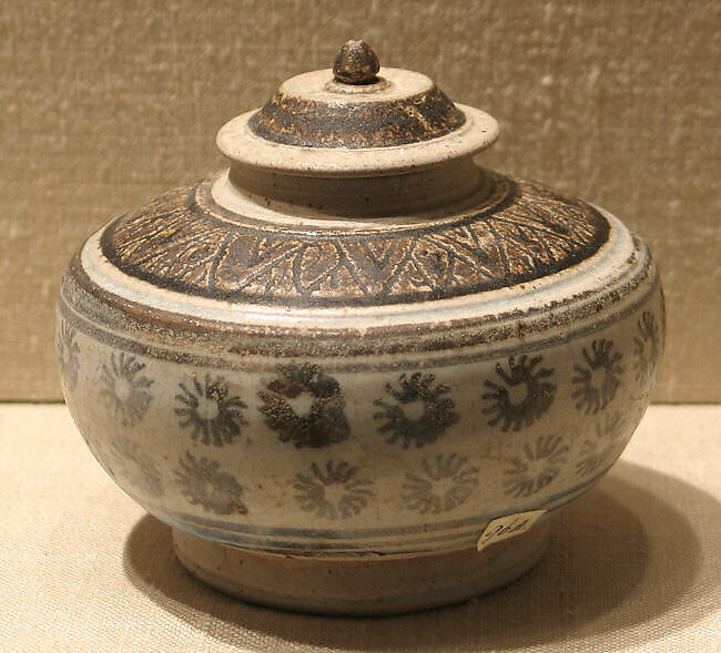 Covered Jar, Earthenware with cream white glaze and iron-brown underglaze decoration, Thailand (Si Satchanalai) 