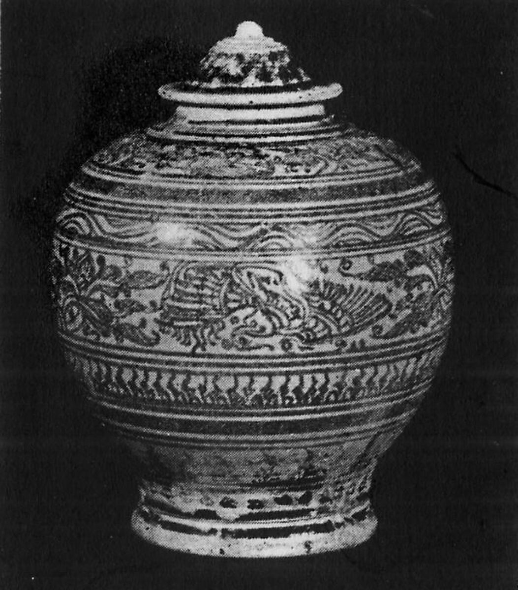 Covered Jar, Earthenware with cream white glaze and iron-brown underglaze decoration, Thailand (Si Satchanalai) 