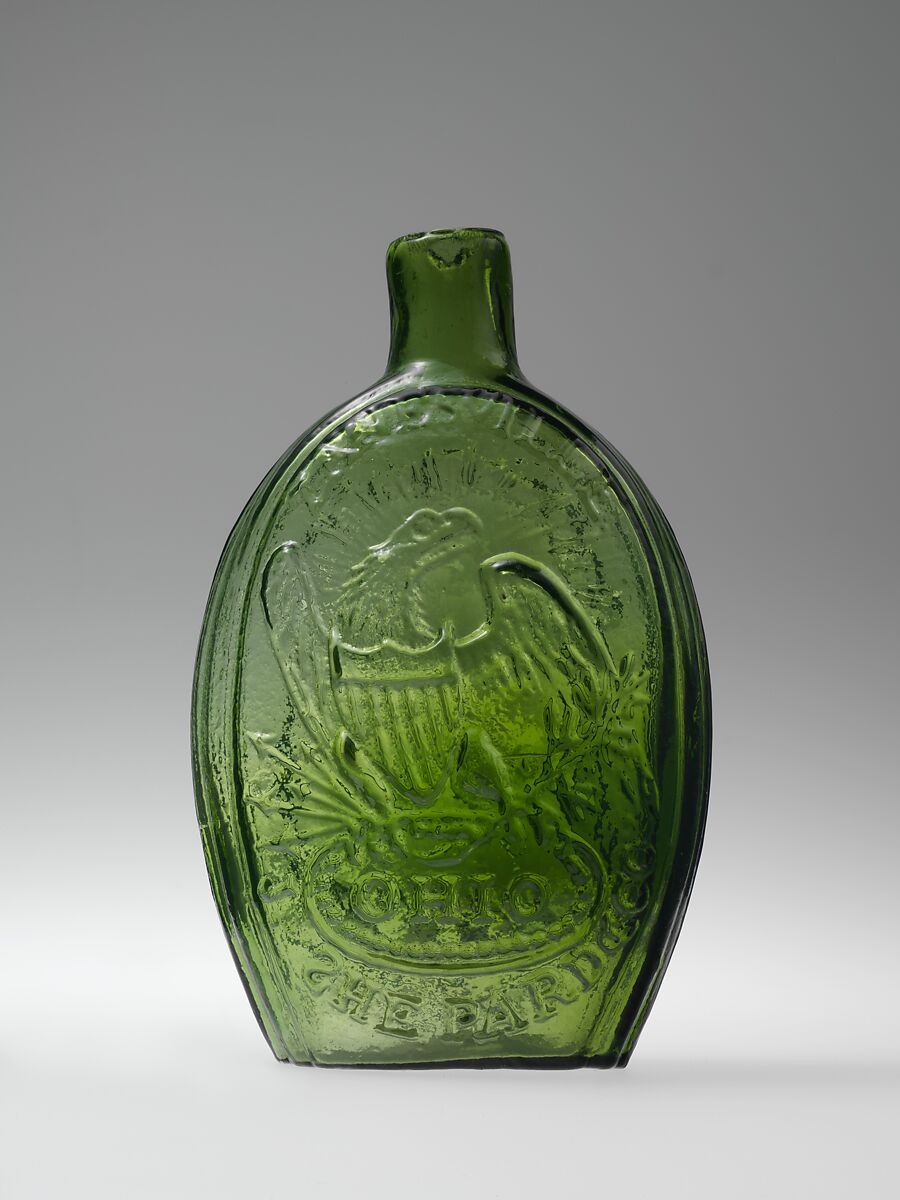 Figured flask, White Glass Works (1815–51), Blown-molded glass, American 