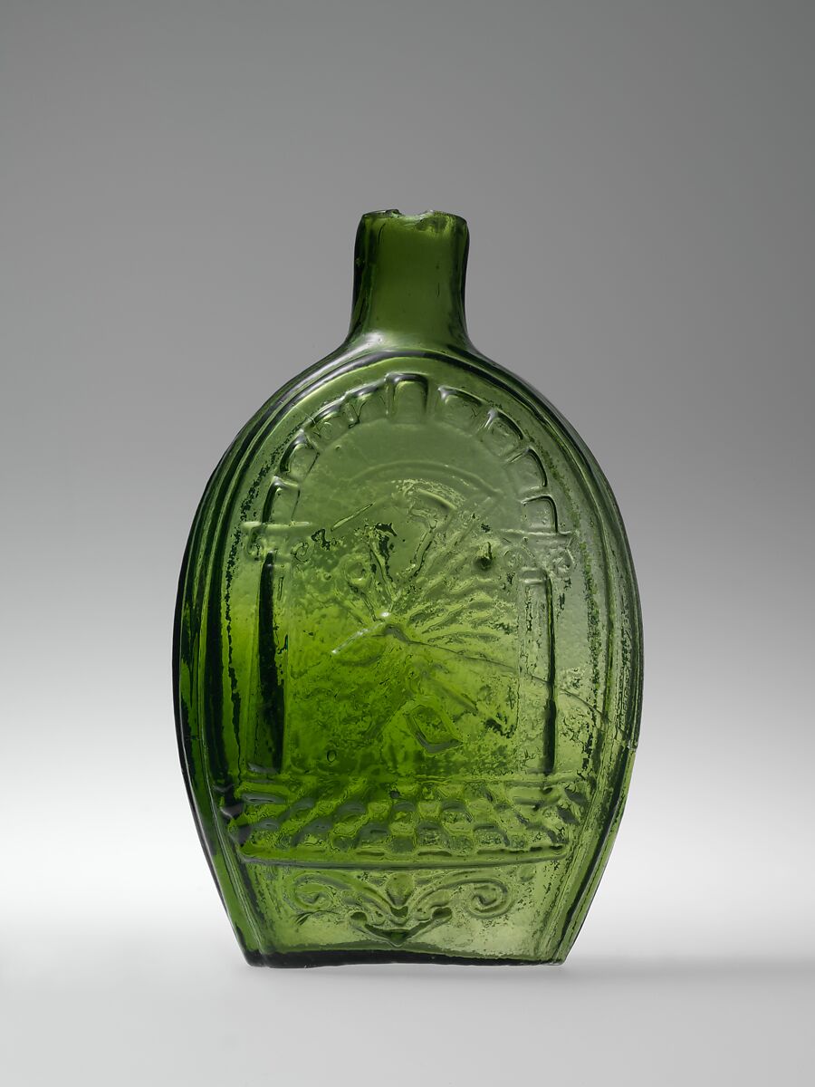 Figured flask, White Glass Works (1815–51), Blown-molded glass, American
