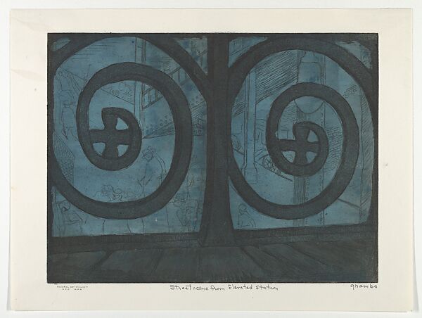 Street Scene from Elevated Station, Blanche Grambs (American, 1916–2010), Color etching, aquatint 