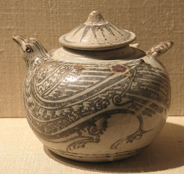 Covered Jar in the Form of a Bird, Earthenware with cream white glaze and iron-brown underglaze decoration, Thailand (Si Satchanalai) 