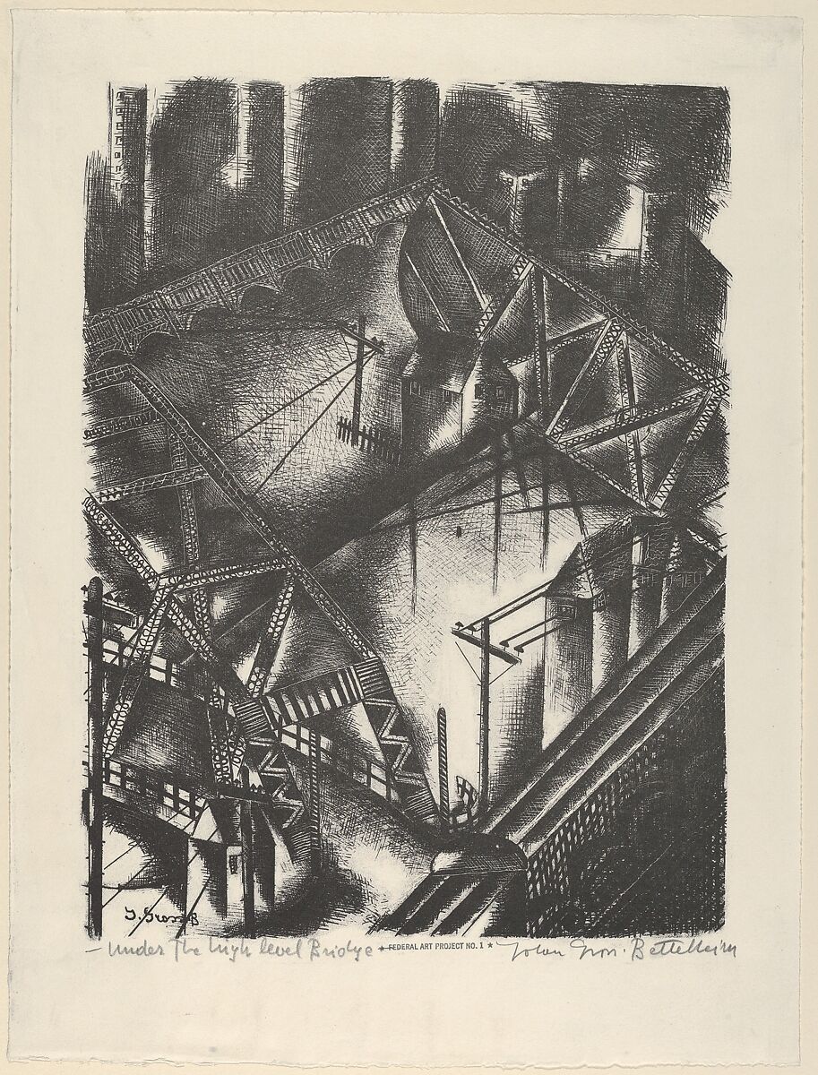 Under The High Level Bridge, Jolan Gross Bettelheim (American, Hungary 1900–1972 Budapest), Lithograph 