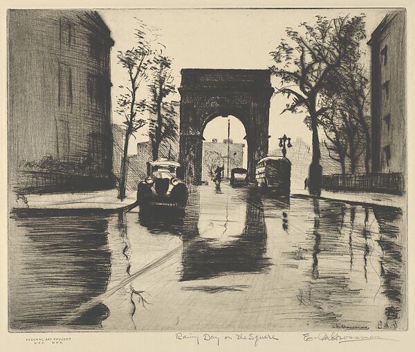 Rainy Day on the Square, Elias Mandel Grossman (American, Kobryn, Russia 1898–1947 New York), Drypoint 