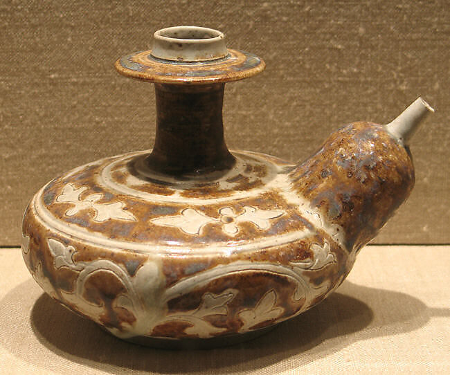 Kendi (Drinking Vessel), Earthenware with cream white glaze and iron-brown underglaze decoration, Thailand (Si Satchanalai) 