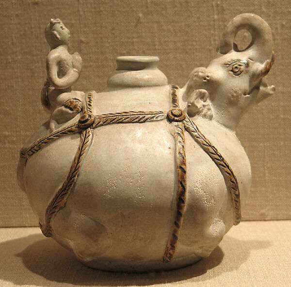 Vessel in the form of an Elephant with Rider, Earthenware with underglaze iron-brown decoration (Sawankhalok ware), Thailand 