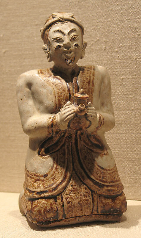 Water Dropper in the Form of a Kneeling Man, Earthenware with cream white glaze and iron-brown underglaze decoration, Thailand (Si Satchanalai) 