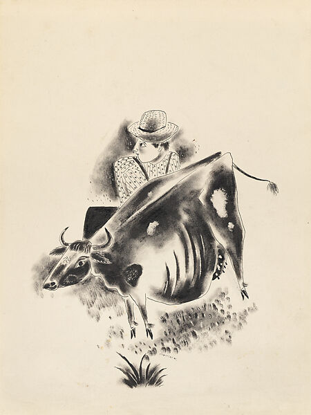 Milking the Cow, Yasuo Kuniyoshi (American (born Japan), Okayama 1889–1953 New York), Pen and brush and ink 