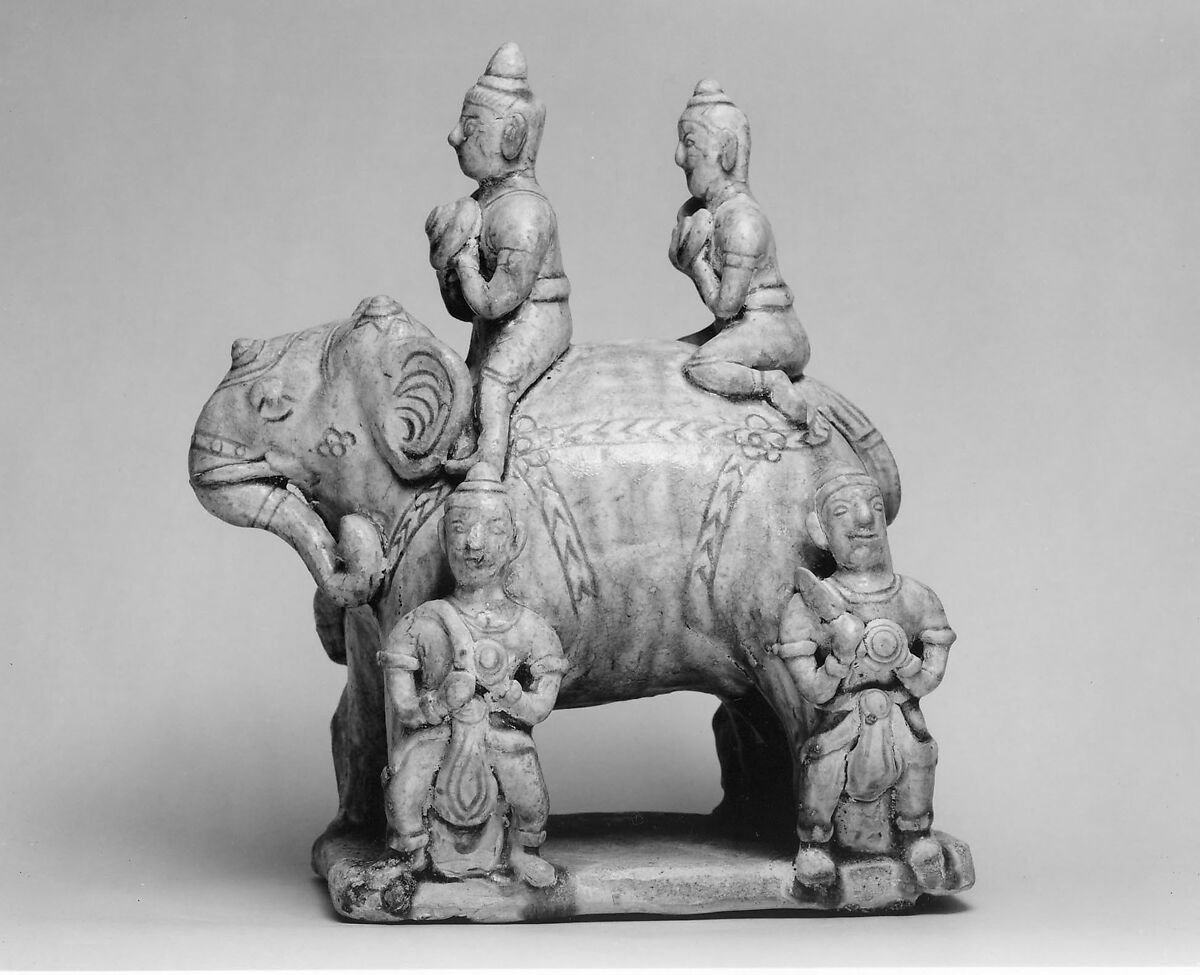 Elephant with Two Riders and Four Grooms, Earthenware, Thailand (Si Satchanalai) 