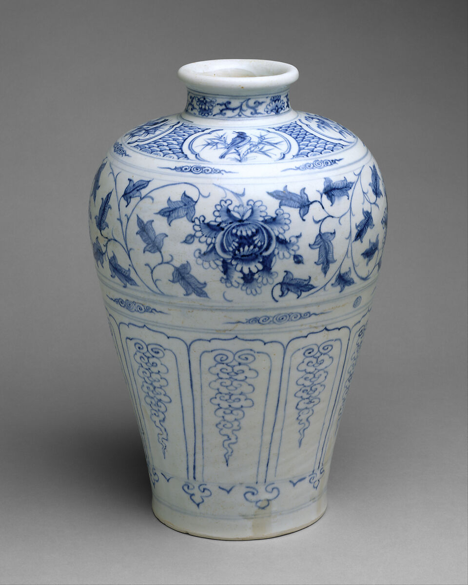 Bottle with Birds and Peony Scroll, Stoneware painted with cobalt blue under transparent glaze, Vietnam 