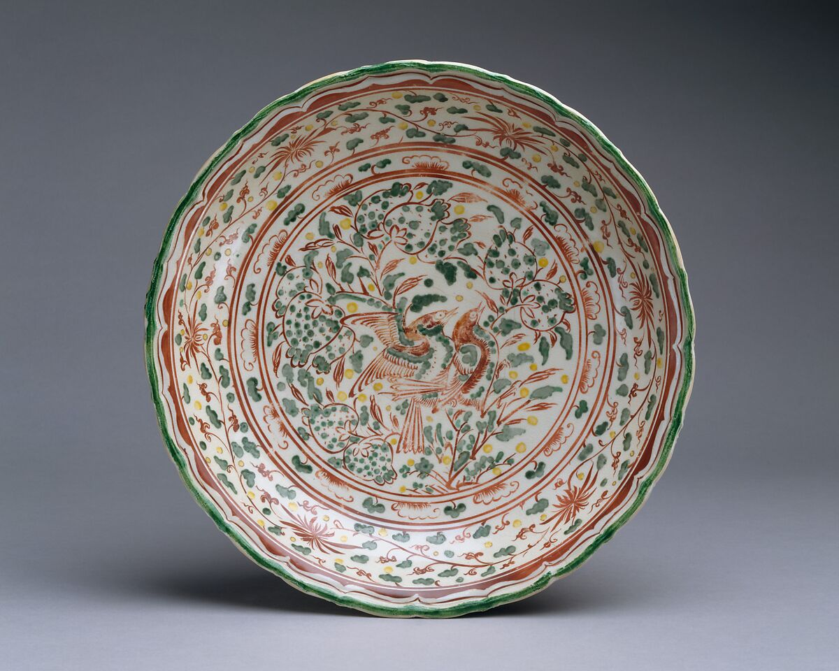 Presentation Bowl with Design of Mating Birds, Stoneware with red, green, yellow, overglaze enamels, Vietnam 