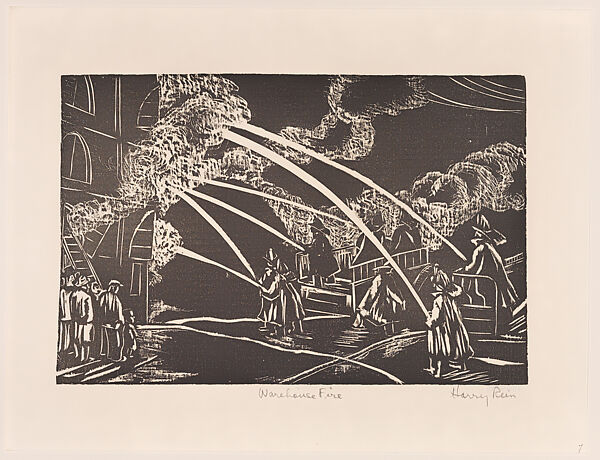 Warehouse Fire, Harry R. Rein (American, New York 1908–1969 Pasadena, California), Woodcut 