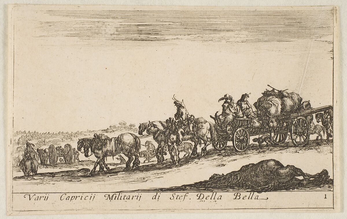 Plate 1: a horse drawn cart carrying people and goods, dead horse in the foreground, from "Various Military Caprices" (Varii capricci militari), Stefano della Bella (Italian, Florence 1610–1664 Florence), Etching; third state of four 