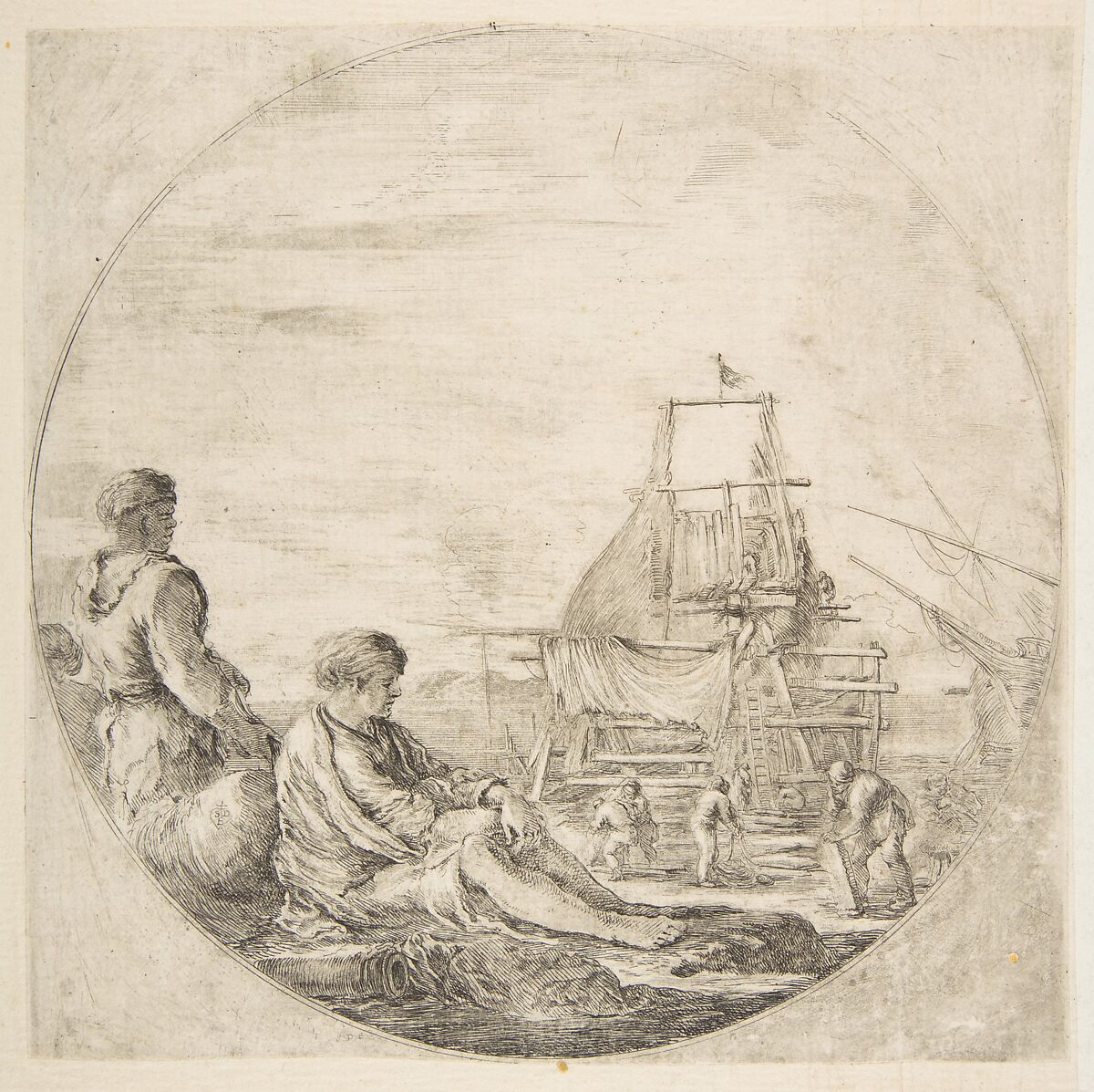 A seated white sailor and a standing black sailor, people building a ship in the background, a circular composition, Stefano della Bella (Italian, Florence 1610–1664 Florence), Etching; first state of two 
