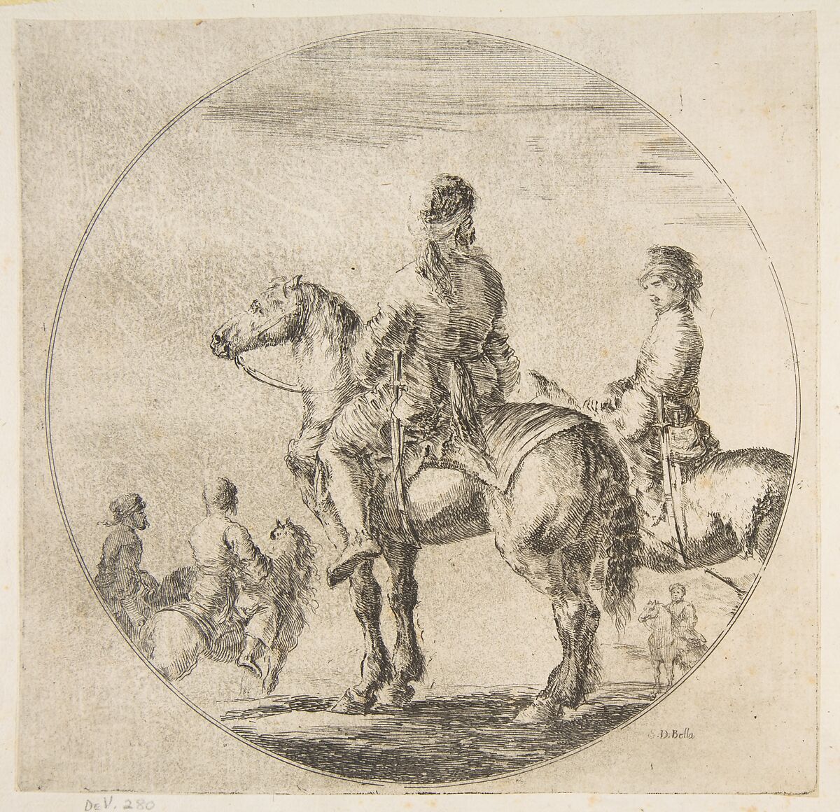 Two Polish horsemen with their horses facing left, from "Figures on Horseback" (Cavaliers nègres, polonais et hongrois), Stefano della Bella (Italian, Florence 1610–1664 Florence), Etching 