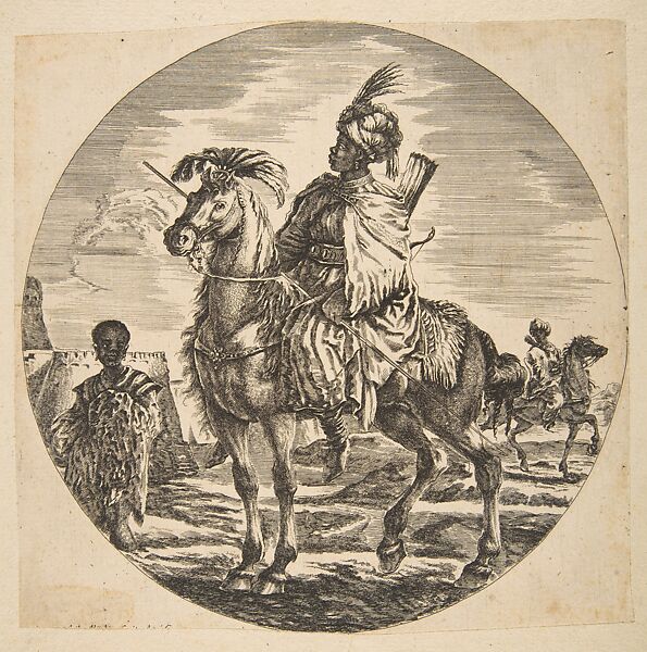 Moorish horseman in profile facing left, a black slave holding a fur at left, another horseman to right in the background, from 'Figures on Horseback' (Cavaliers nègres, polonais et hongrois), Stefano della Bella (Italian, Florence 1610–1664 Florence), Etching; reverse copy 