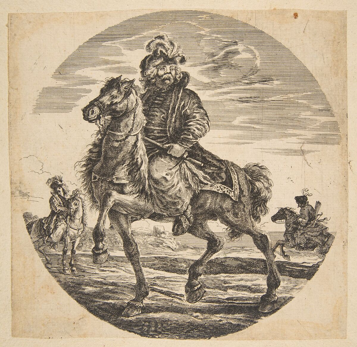Hungarian horseman riding towards the left, other horsemen in the background, a circular composition from 'Figures on Horseback' (Cavaliers nègres, polonais et hongrois), After Stefano della Bella (Italian, Florence 1610–1664 Florence), Etching; reverse copy 