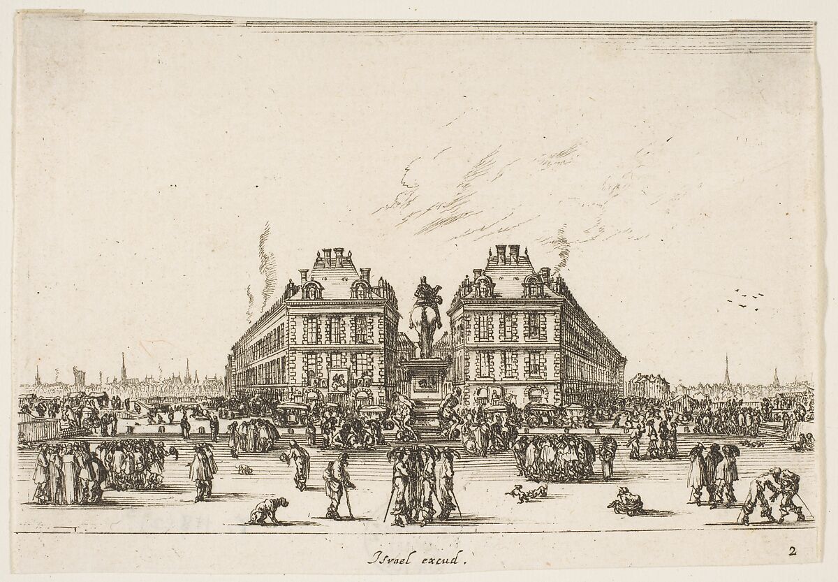 La Place Dauphine, on the coast of Pont Neuf, the equestrian statue of Louis XIII in center, seen from the back and numerous figures, plate 2 from "Various Figures" (Agréable diversité de figures), Stefano della Bella  Italian, Etching; undescribed state between second and third of five (De Vesme)