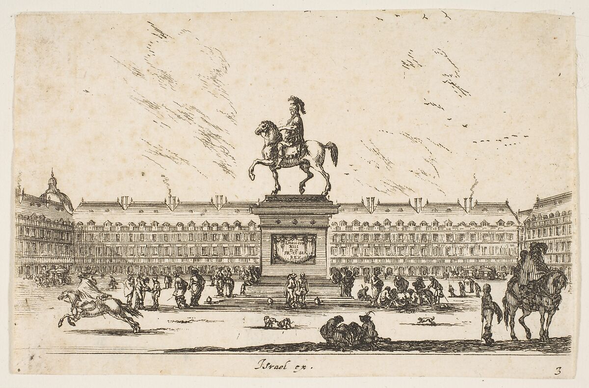 La Place Royale, equestrian statue of Louis XIII in profile facing the left in center, various horsemen and figures in background, plate 3 from "Various Figures" (Agréable diversité de figures), Stefano della Bella (Italian, Florence 1610–1664 Florence), Etching; undescribed state between second and third of five (De Vesme) 