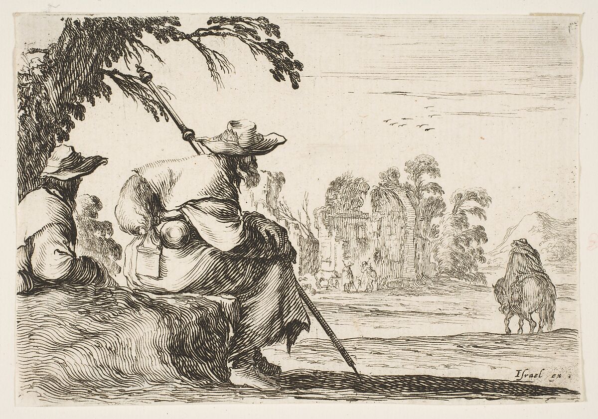 Two pilgrims with hats rest to the left, seen from behind, a horseman rides towards the background to the right, plate 5 from "Various Figures" (Agréable diversité de figures), Stefano della Bella (Italian, Florence 1610–1664 Florence), Etching; state unknown (clipped impression) 