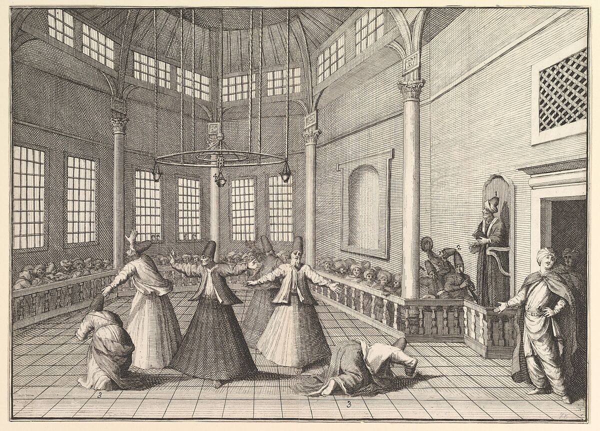 The Inside of a Mosque, the Dervishes Dancing  (Aubry de La Mottraye's "Travels throughout Europe, Asia and into Part of Africa...,"  London, 1724, vol. I, pl. 16), William Hogarth (British, London 1697–1764 London), Etching and engraving 