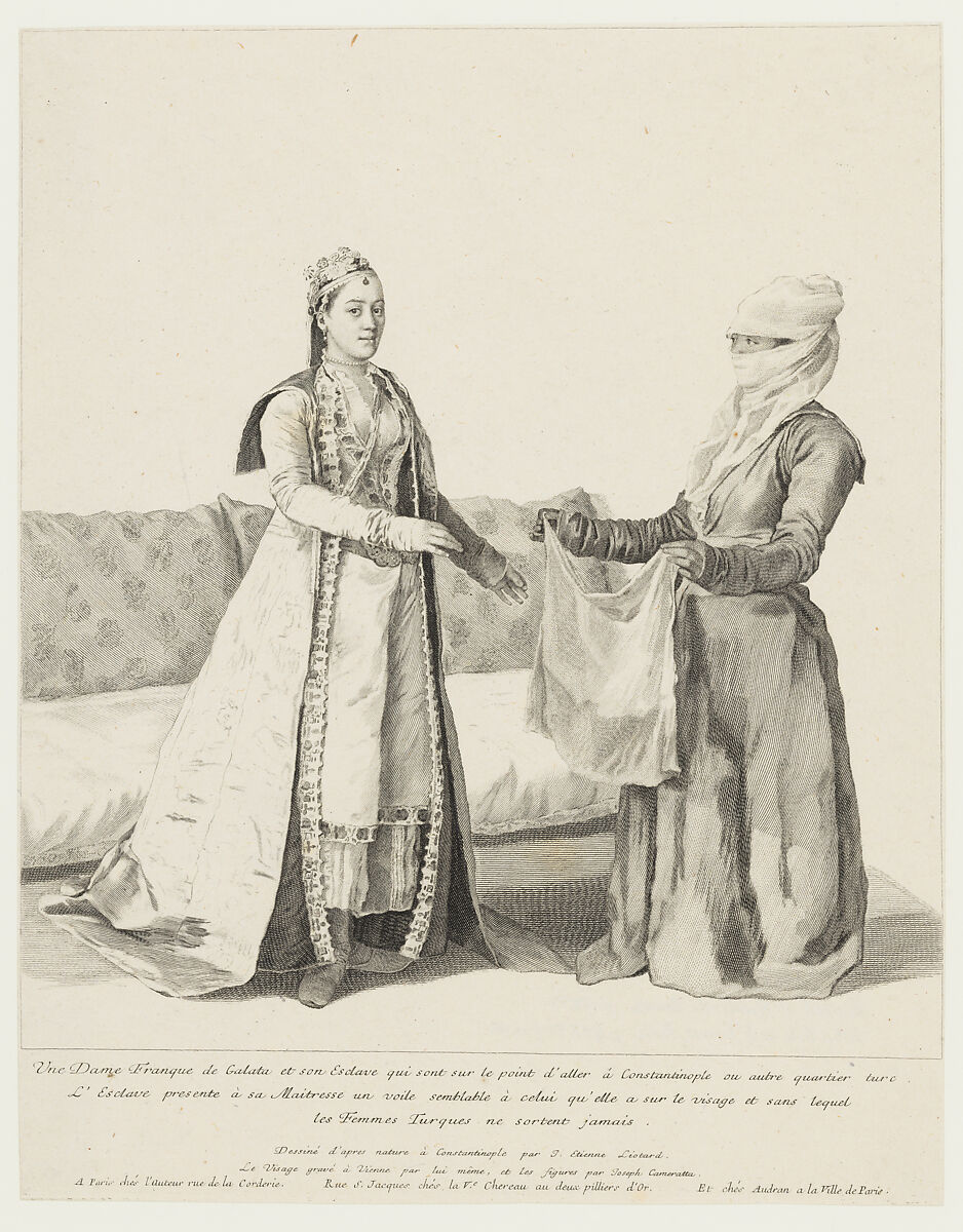A Woman of European Descent at Galata Being Handed Her Veil by Her Servant Prior to Going Out, Jean Etienne Liotard (Swiss, Geneva 1702–1789 Geneva), Etching 