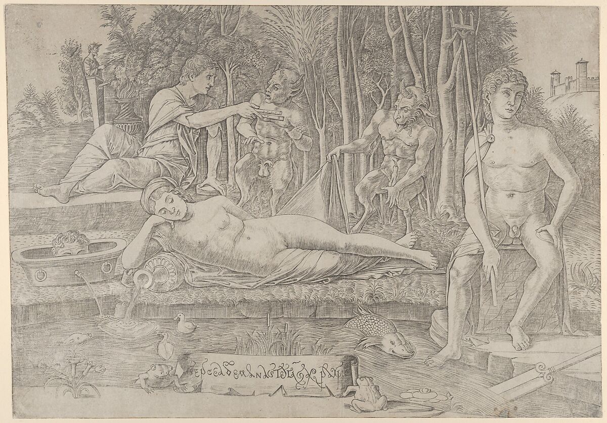 The metamorphosis of Amymone who lies at center leaning on her arm, surrounded by Apollo at left, Neptune at right and two satyrs, Girolamo Mocetto (Italian, ca. 1470–1531), Engraving; first state of two (TIB) 