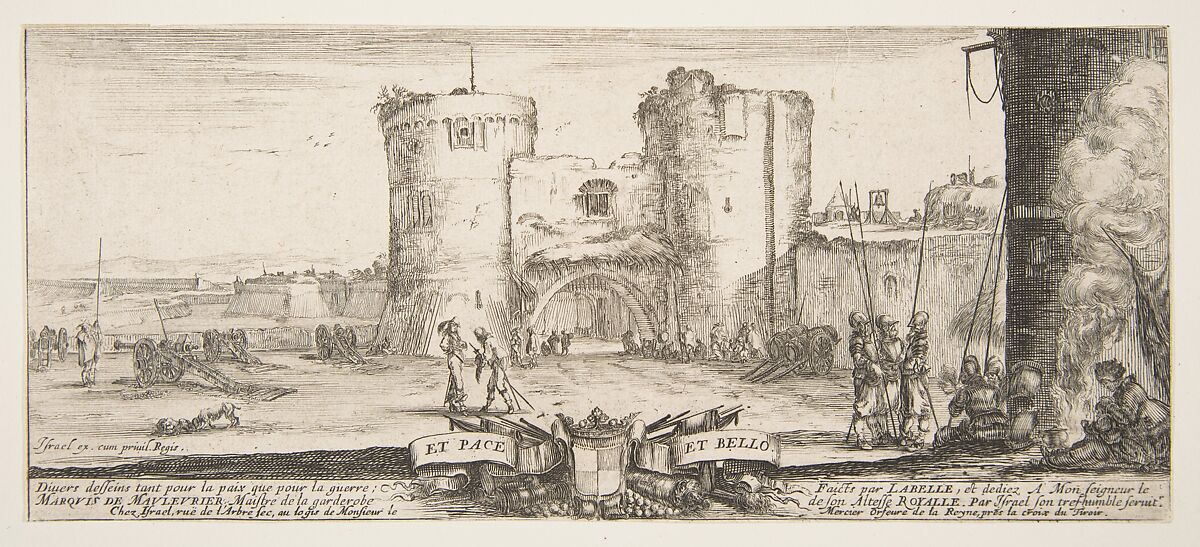 An entrance to a fortress in center, a woman with child seated by a fire to right, soldiers gather to right and in center, cannons in landscape to left, title page from "Peace and War" (Divers desseins tant pour la paix que pour la guerre), Stefano della Bella (Italian, Florence 1610–1664 Florence), Etching; second state of four 
